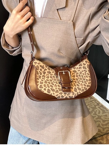 Bolso de Axila Vintage con Estampado de Leopardo Cuero PU Bloques de Color Bolso de Hombro Con Hebilla Metálica Moda Mujer