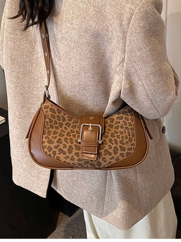 Bolso de Axila Vintage con Estampado de Leopardo Cuero PU Bloques de Color Bolso de Hombro Con Hebilla Metálica Moda Mujer