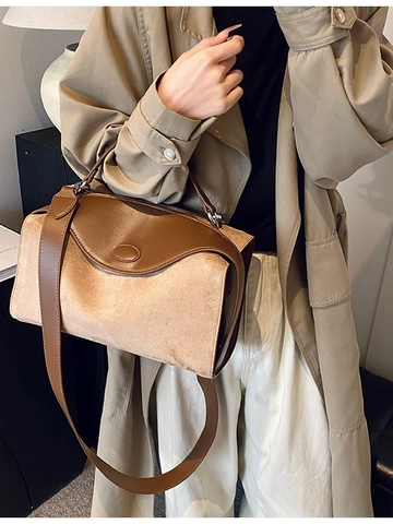 Borsa Boston da Donna Vintage in Pelle Sintetica e Camoscio Patchwork Minimalista Chic a Mano e Tracolla Borsa a Cuscino