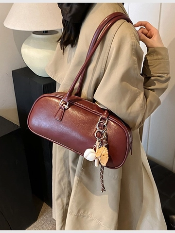 Women Vintage PU Leather Underarm Bowling Bag With Baseball Charm Sporty Trendy Shoulder Bag Solid Color Zipper Handbag
