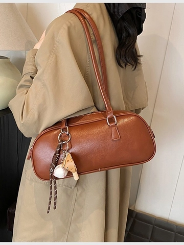 Women Vintage PU Leather Underarm Bowling Bag With Baseball Charm Sporty Trendy Shoulder Bag Solid Color Zipper Handbag