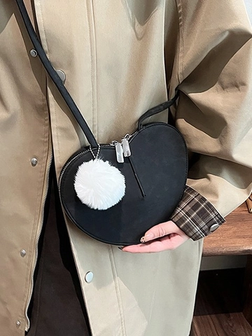 Borsa a Tracolla Retrò a Forma di Cuore in Pelle PU Scamosciata Con Palla di Peluche Borsa Sottoascellare alla Moda