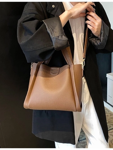 Women Litchi Grain PU Leather Handbag And Matching Pouch Large Capacity Commuter Crossbody Bag With Detachable Strap