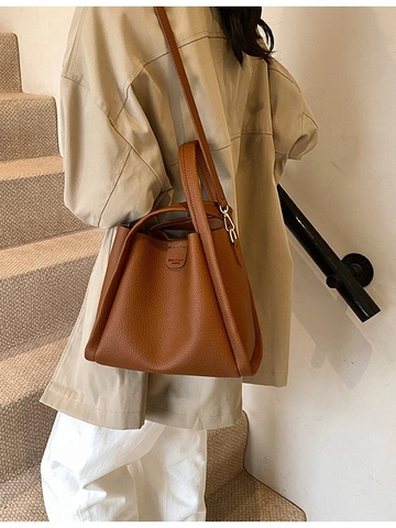 Women Litchi Grain PU Leather Handbag And Matching Pouch Large Capacity Commuter Crossbody Bag With Detachable Strap