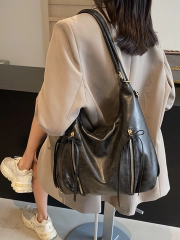 Bolso Hobo de Mujer de Gran Capacidad en Cuero PU Con Detalle de Cremallera de Lazo Mochila de Hombro Multifuncional Bolso
