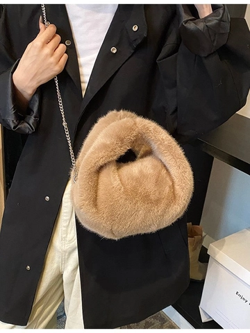 Sac Bandoulière en Peluche Fausse Fourrure pour Femmes Avec Poignée à Nœud en Chaîne Métallique Sac à Main Couleur Unie Automne Hiver
