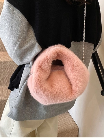 Sac Bandoulière en Peluche Fausse Fourrure pour Femmes Avec Poignée à Nœud en Chaîne Métallique Sac à Main Couleur Unie Automne Hiver