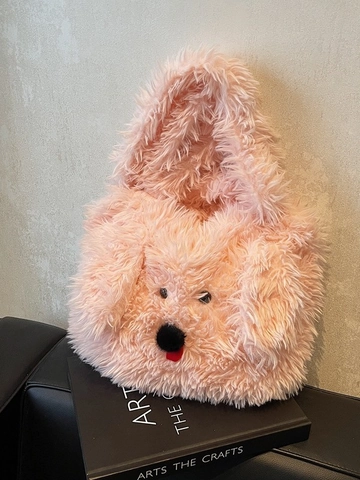 Women Cute Dog Face Plush Tote Bag Soft Faux Fur Shoulder Bag Large Capacity Fuzzy Handbag Winter Autumn Daily Fashion