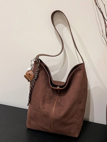 Women Large Capacity Shoulder Bag And Pouch Frosted PU Bucket Tote Bag Visible Stitching Commuter Underarm Accessories