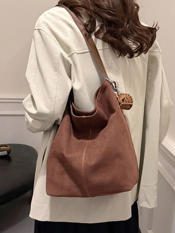 Women Large Capacity Shoulder Bag And Pouch Frosted PU Bucket Tote Bag Visible Stitching Commuter Underarm Accessories