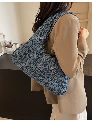 Damen Retro Denim Leopard Muster Schultertasche Mode Große Kapazität Halbmond Hobo Tasche Kontrastnähte Unterarmtasche