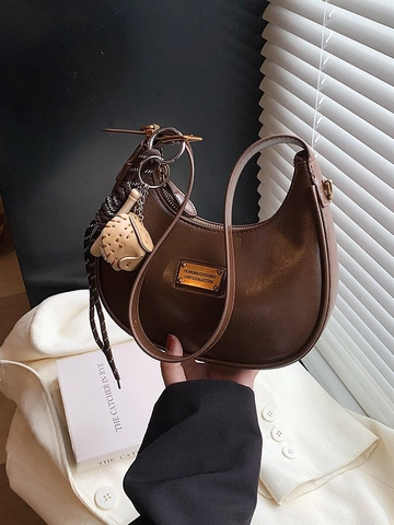 Women Vintage PU Leather Hobo Underarm Bag Minimalist Solid Color Shoulder Bag With Metal Plate Commuter Small Handbag