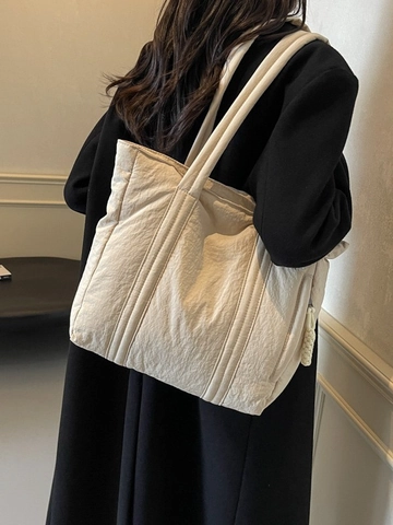 Large Capacity Quilted Nylon Tote Bag For Women Casual Pleated Shoulder Bag Commuter Shopper Bag With Side Zipper Pocket