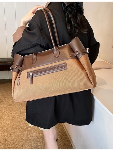 Borsa Tote da Donna a Grande Capacità Patchwork Casual Pendolare a Spalla in Pelle PU Tela Con Tasca Frontale a Zip