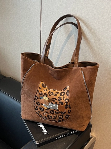 Borsa Tote Donna Retro Effetto Scamosciato PU Grande Capacità Ricamo Cane Leopardato Borsa a Spalla Zaino Pendolare Versatile Borsa da Viaggio