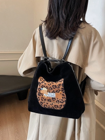 Borsa Tote Donna Retro Effetto Scamosciato PU Grande Capacità Ricamo Cane Leopardato Borsa a Spalla Zaino Pendolare Versatile Borsa da Viaggio