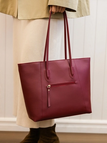 Bolso Tote de Cuero PU de Gran Capacidad para Mujer Bolso de Hombro Minimalista con Bolsillo Externo con Cremallera Bolso Casual de Color Sólido