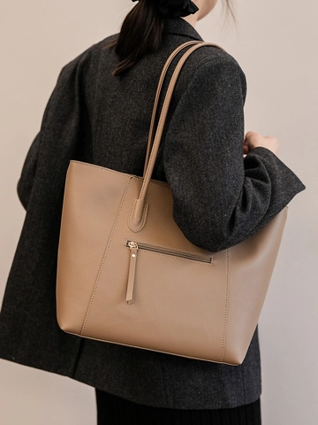 Große Kapazität PU Leder Einkaufstasche Für Damen Minimalistische Pendler Schultertasche Mit Reißverschlussfach Doppelriemen Handtasche