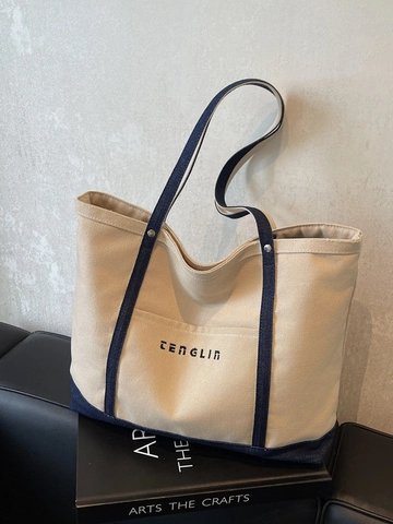 Women Large Capacity Canvas Tote Bag Contrast Color Shoulder Handbag Vintage Letter Print Commuter Casual Shopping Bag