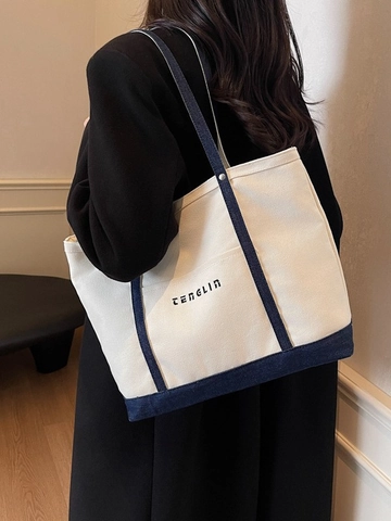Women Large Capacity Canvas Tote Bag Contrast Color Shoulder Handbag Vintage Letter Print Commuter Casual Shopping Bag
