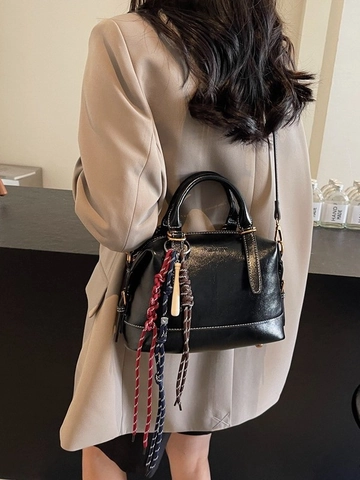 Vintage PU Leather Boston Bag Women Contrast Stitching Crossbody Shoulder Handbag With Woven Charm Fashion Daily Purse