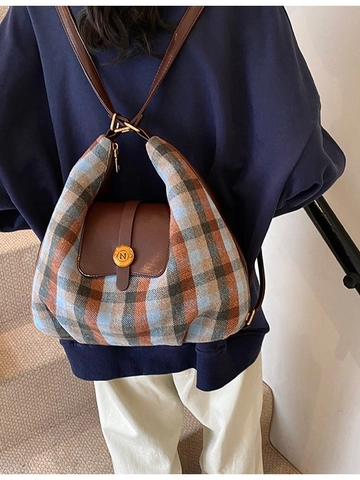 Zaino da Donna Vintage a Quadri Grande Capacità in Pelle PU Giunzione Hobo Borsa a Tracolla Stile Britannico Versatile Borsa Casual