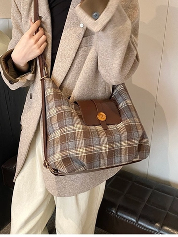 Zaino da Donna Vintage a Quadri Grande Capacità in Pelle PU Giunzione Hobo Borsa a Tracolla Stile Britannico Versatile Borsa Casual