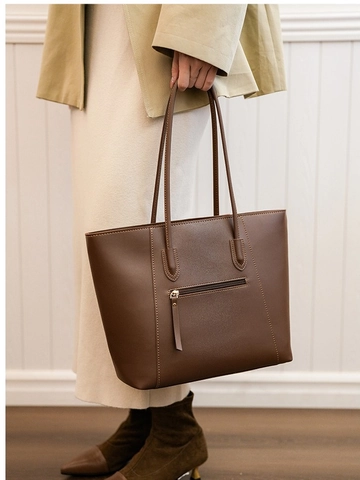 Bolso Tote de Gran Capacidad de Moda para Mujer Bolso de Hombro Minimalista de Cuero PU de Color Sólido con Bolsillo