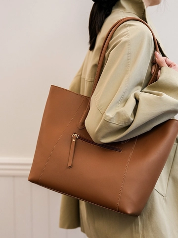 Bolso Tote de Gran Capacidad de Moda para Mujer Bolso de Hombro Minimalista de Cuero PU de Color Sólido con Bolsillo