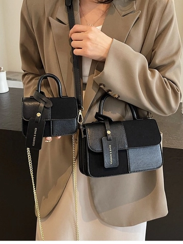 Vintage Patchwork PU Leather Crossbody Bag For Women Suede Contrast Color Handbag With Top Handle Stylish Daily Shoulder Bag