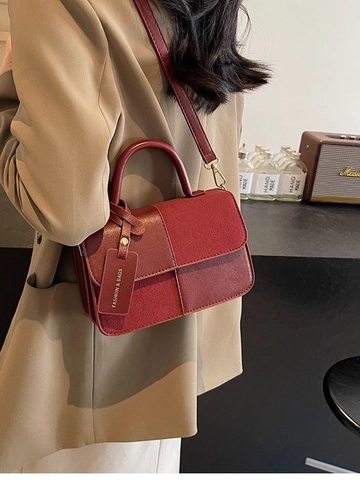 Vintage Patchwork PU Leather Crossbody Bag For Women Suede Contrast Color Handbag With Top Handle Stylish Daily Shoulder Bag