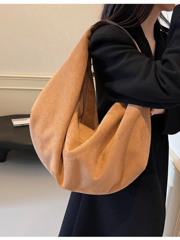 Women Large Capacity Velvet Flannel Shoulder Bag Minimalist Hobo Tote Bag Soft Commute Zipper Handbag For Autumn Winter
