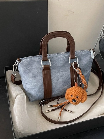 Women Retro Pillow Handbag PU Leather Denim Texture Crossbody Bag With Plush Pendant Fashion Versatile Commuter Shoulder Bag