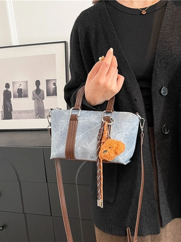 Women Retro Pillow Handbag PU Leather Denim Texture Crossbody Bag With Plush Pendant Fashion Versatile Commuter Shoulder Bag