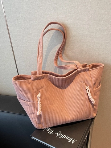 Damen Casual Cord Tragetasche Große Kapazität Schultertasche Mit Reißverschluss Seitentaschen Retro Gestreifte Einkaufstasche Für Den Alltag