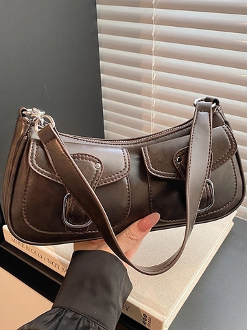 Women Retro PU Leather Underarm Bag Vintage Shoulder Bag With Double Front Pockets And Silver Buckle Stylish Crossbody Bag For Daily Use