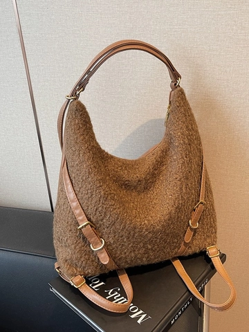 Mode Damen Plüsch Schultertasche Große Kapazität Kunstpelz Tote Bag Mit Verstellbarem Lederriemen Lässig Urban Minimalistisch Rucksack