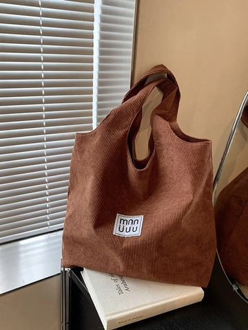 Dames Vintage Corduroy Draagtas Grote Capaciteit Schoudertas Met Label Retro Casual Handtas Voor Dagelijks Gebruik