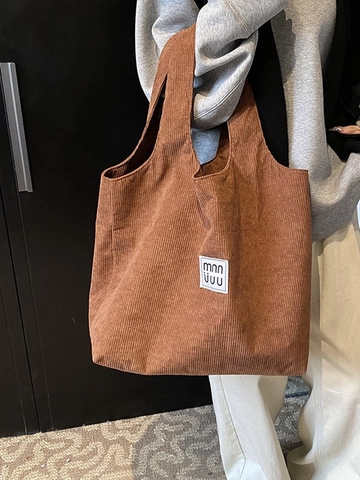 Dames Vintage Corduroy Draagtas Grote Capaciteit Schoudertas Met Label Retro Casual Handtas Voor Dagelijks Gebruik