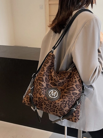 Damen Retro Leopardenmuster PU Leder Tragetasche Große Kapazität Hobo Schulter Rucksack Mit Metall M Logo Und Kette Mode Vielseitige Handtasche