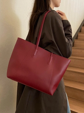 Women Large Capacity PU Leather Tote Bag Minimalist Casual Shoulder Shopping Bag Commuter Solid Color Fashion Handbag