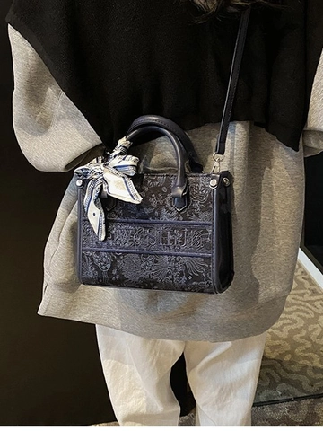 Sac Cabas Femme Broderie Mode Avec Foulard en Soie Petit Sac à Main en Cuir PU Sac à Bandoulière Élégant pour Navettage