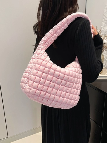 Women Quilted Puffy Shoulder Bag Large Capacity Cloud Hobo Bag Casual Soft Pleated Handbag Minimalist Solid Color Tote Bag Korean Style