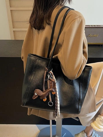 Borsa Tote da Donna in Pelle PU di Grande Capacità Borsa a Tracolla Retro Handbag Casual Versatile Con Pendaglio Bassotto Per Pendolarismo