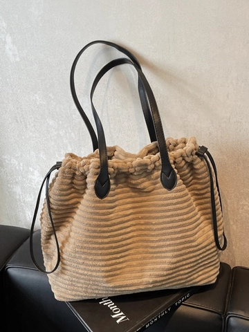 Grand Sac Cabas en Velours Côtelé pour Femmes Automne Hiver Sac à Épaule Décontracté Avec Cordon de Serrage