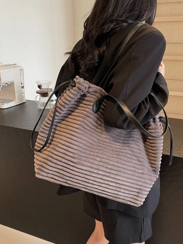 Grand Sac Cabas en Velours Côtelé pour Femmes Automne Hiver Sac à Épaule Décontracté Avec Cordon de Serrage