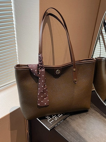 Damen Große Kapazität PU Leder Tragetasche Mit Satin Schal Casual Büro Pendeln Stilvolle Lychee Muster Umhängetasche