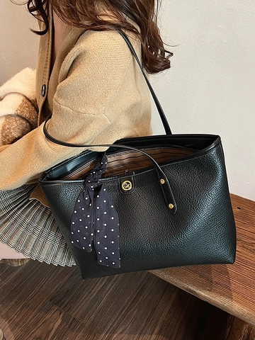 Damen Große Kapazität PU Leder Tragetasche Mit Satin Schal Casual Büro Pendeln Stilvolle Lychee Muster Umhängetasche