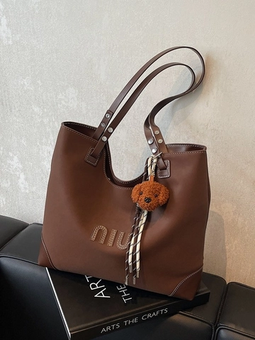 Vintage Gematteerd PU Leer Grote Capaciteit Tragetasche Voor Dames Woon-Werkverkeer Schoudertas Met Leuke Pluche Hanger Mode Handtas