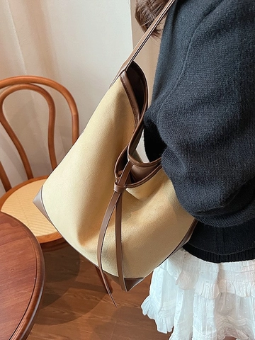 Vintage Patchwork Suède PU Leer Schoudertas Vrouwen Grote Capaciteit Minimalistische Underarm Tote Tas Casual Kantoor
